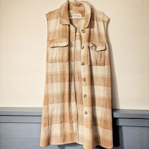 Tan and Cream Plaid Sleeveless Shirt Dress